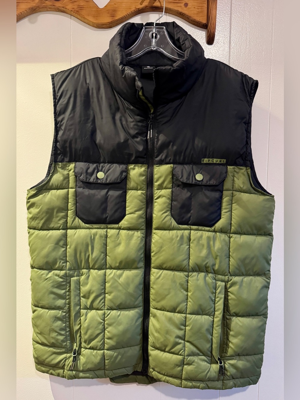 Rip Curl Olive Green and Black Quilted Puffer Vest